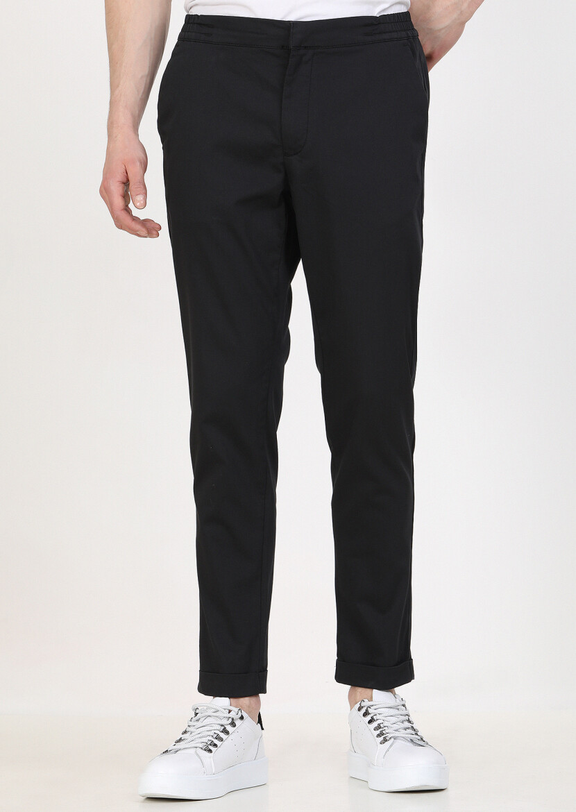 Siyah Düz Dokuma Jogging Fit Casual Pamuk Karışımlı Pantolon - 1