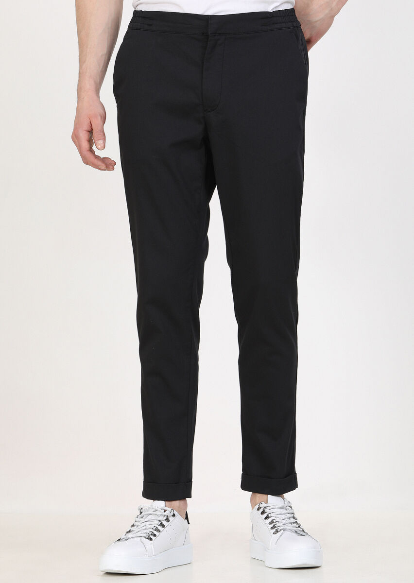 Siyah Düz Dokuma Jogging Fit Casual Pamuk Karışımlı Pantolon - 1
