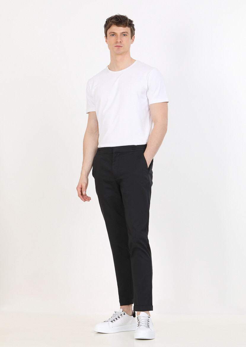 Siyah Düz Dokuma Jogging Fit Casual Pamuk Karışımlı Pantolon 