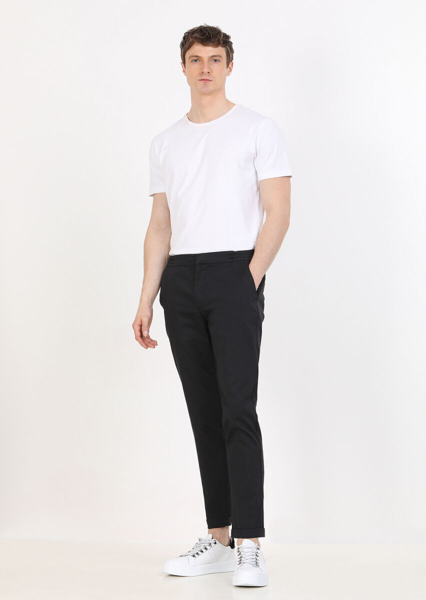 Siyah Düz Dokuma Jogging Fit Casual Pamuk Karışımlı Pantolon - 2