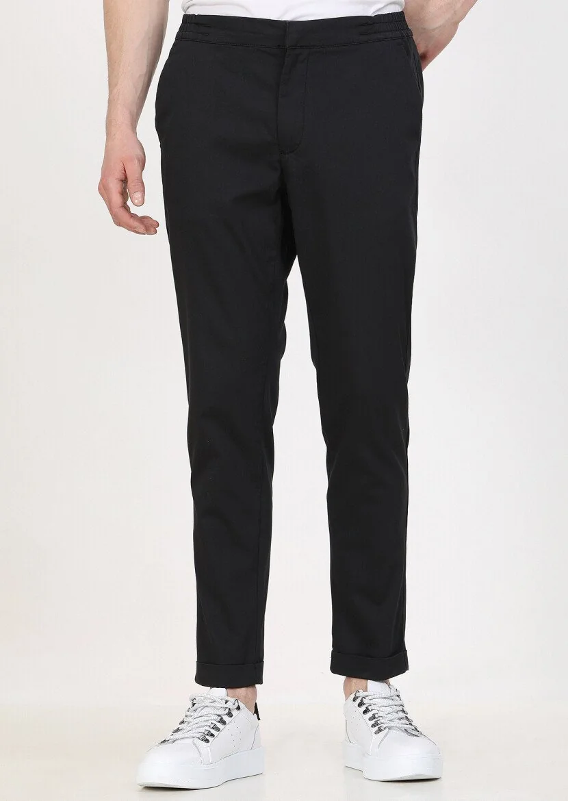 Siyah Düz Dokuma Jogging Fit Casual Pamuk Karışımlı Pantolon 