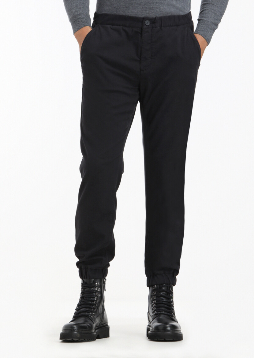 Siyah Düz Dokuma Jogging Fit Casual Pamuk Karışımlı Pantolon - 1