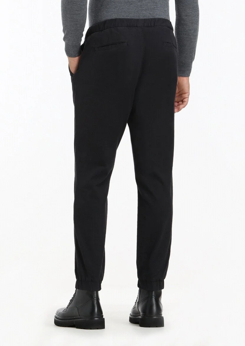 Siyah Düz Dokuma Jogging Fit Casual Pamuk Karışımlı Pantolon - 4