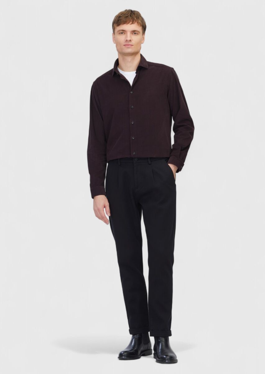 Siyah Düz Dokuma Jogging Fit Casual Pamuk Karışımlı Pantolon - 1