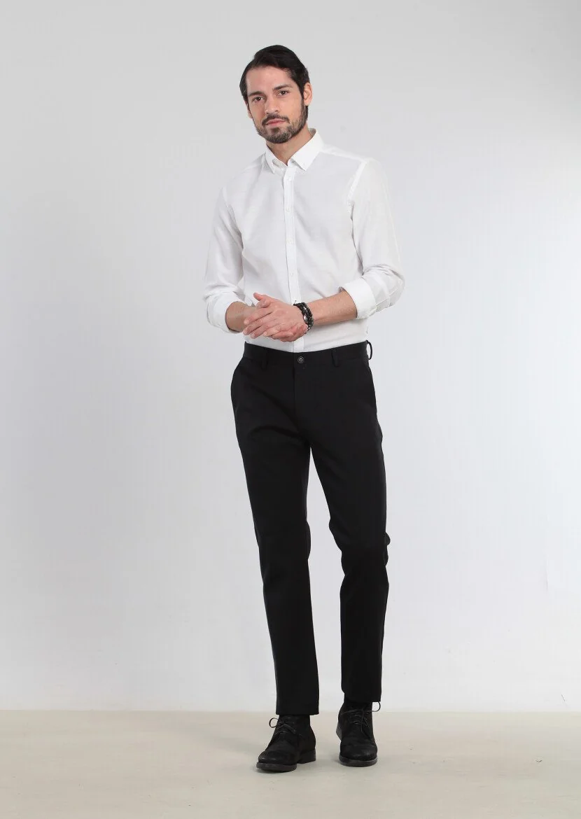 Siyah Düz Dokuma Regular Fit Casual %100 Pamuk Pantolon 