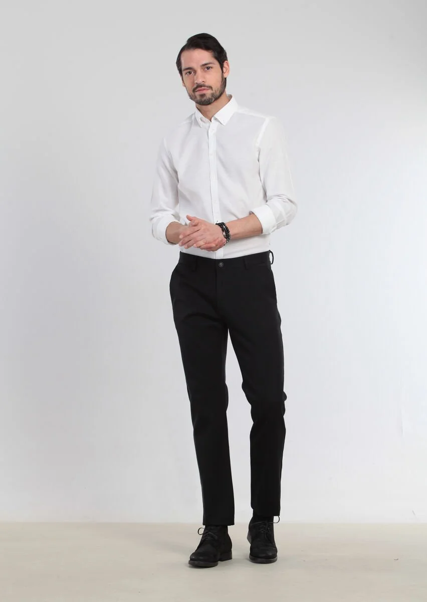 Siyah Düz Dokuma Regular Fit Casual %100 Pamuk Pantolon - 2