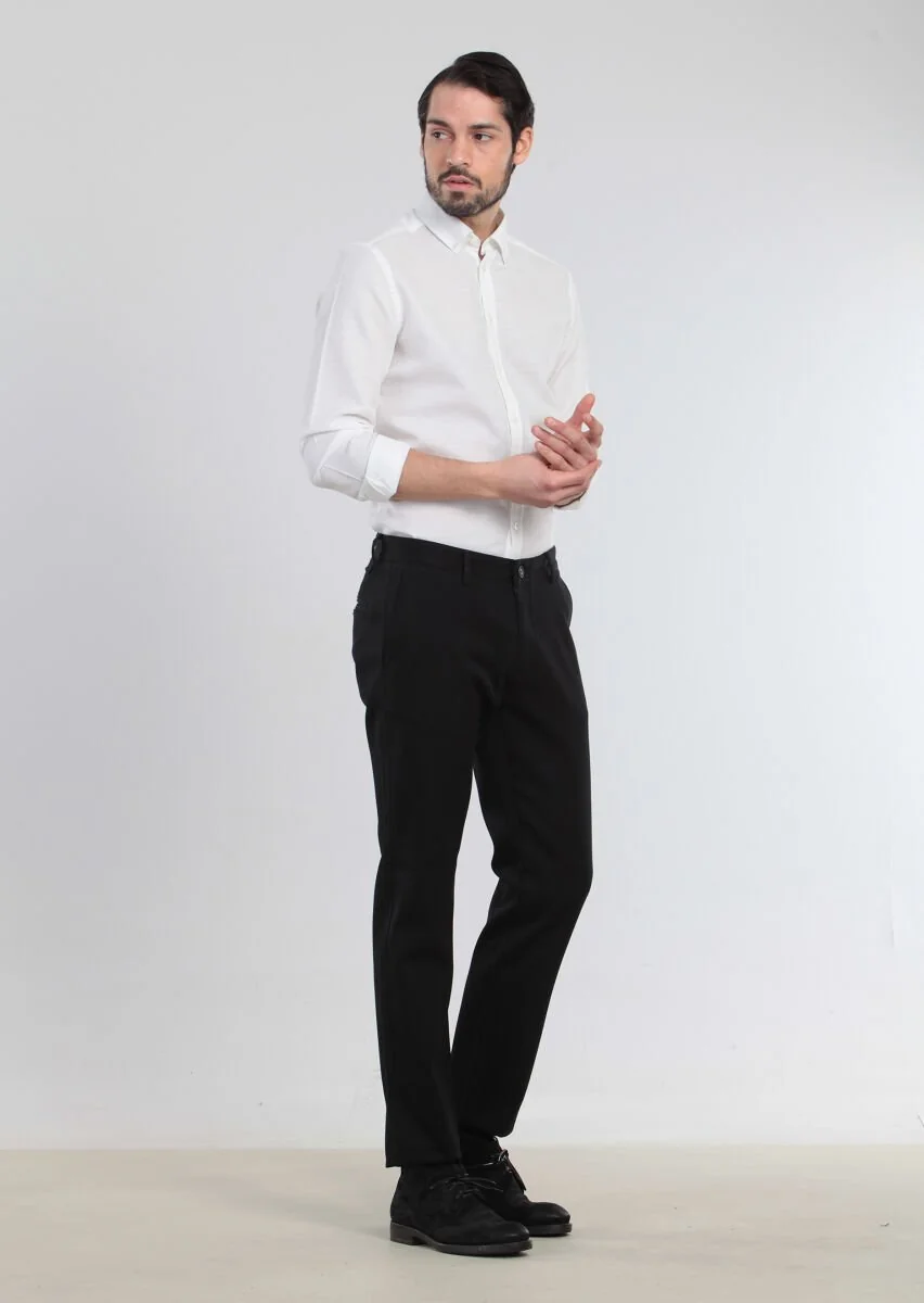 Siyah Düz Dokuma Regular Fit Casual %100 Pamuk Pantolon - 3