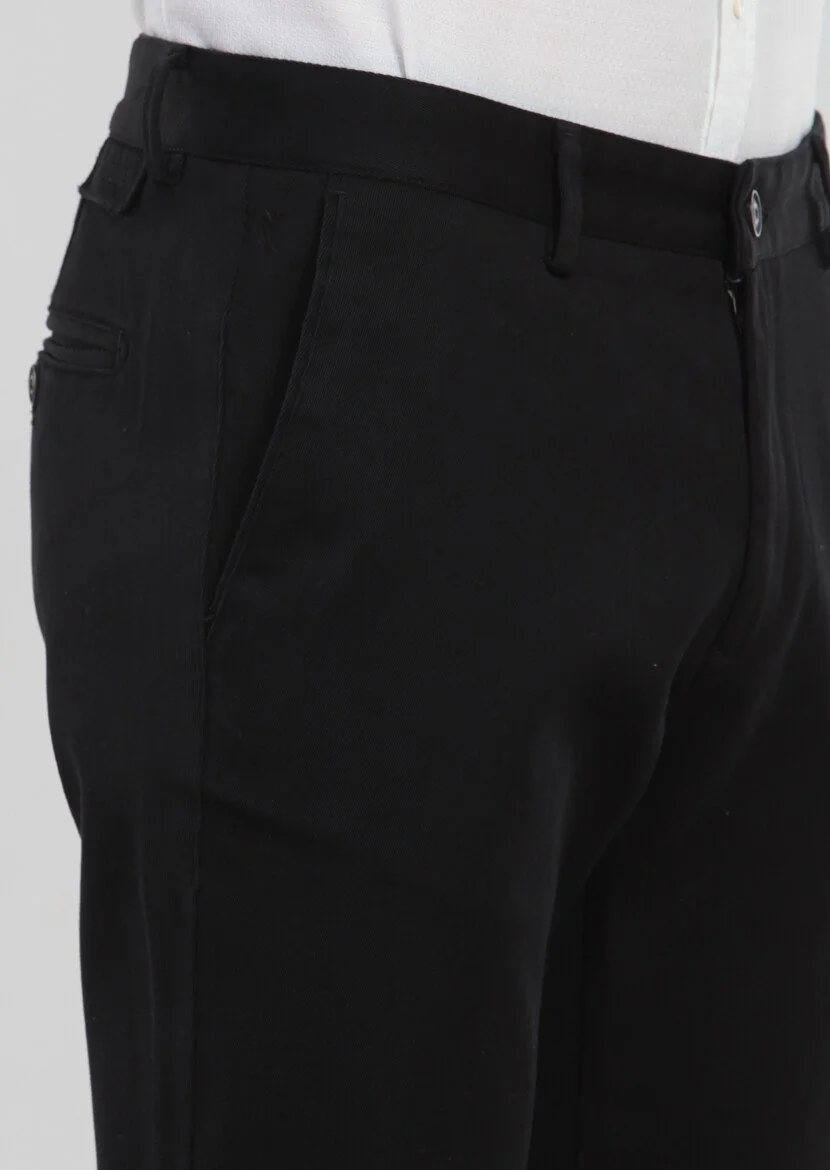 Siyah Düz Dokuma Regular Fit Casual %100 Pamuk Pantolon - 4
