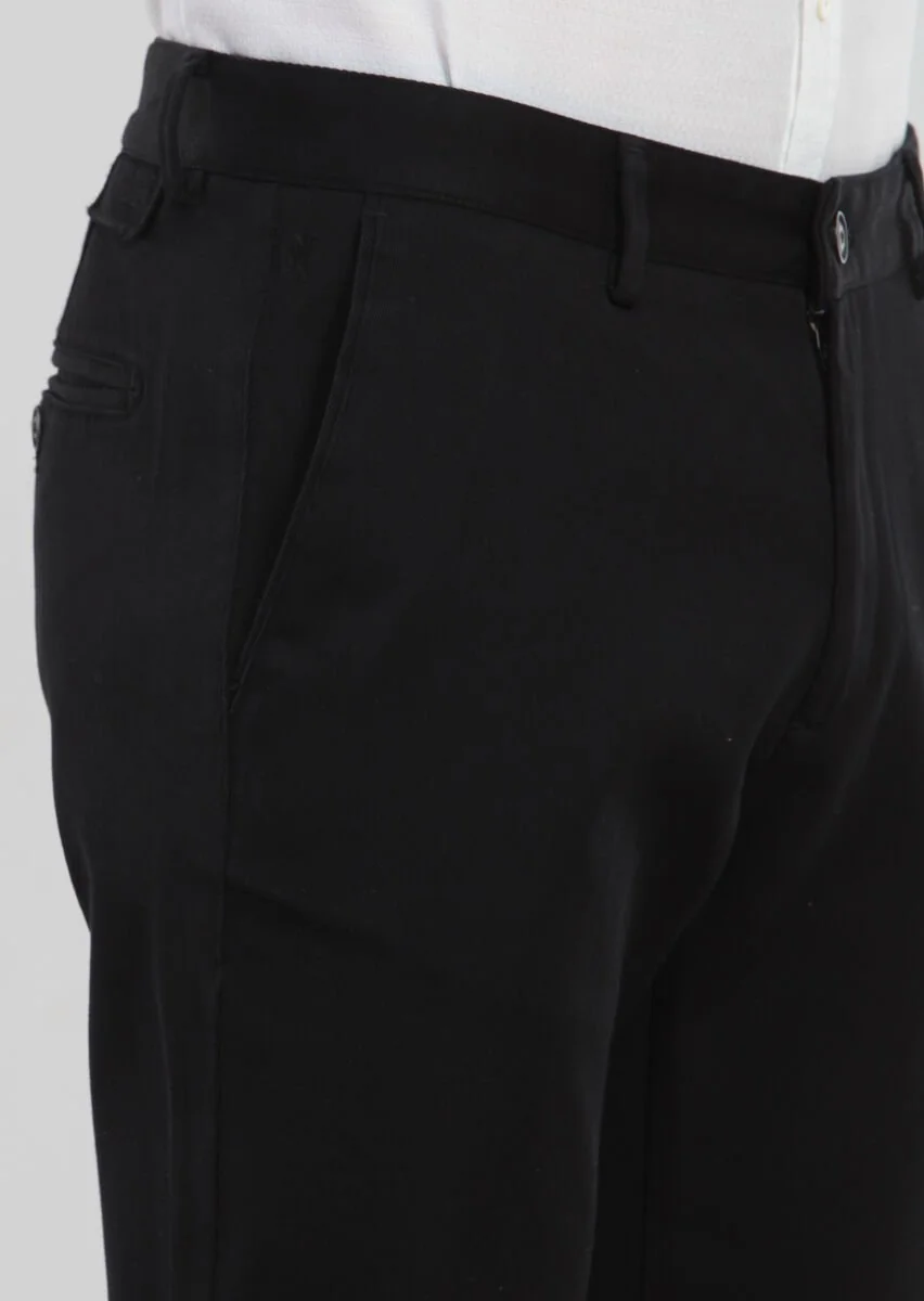 Siyah Düz Dokuma Regular Fit Casual %100 Pamuk Pantolon - 4