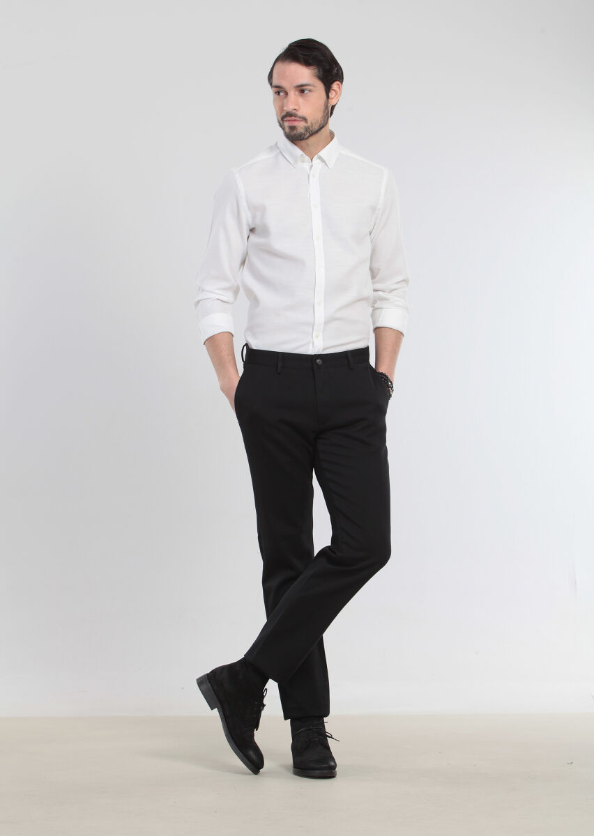 Siyah Düz Dokuma Regular Fit Casual %100 Pamuk Pantolon - 1