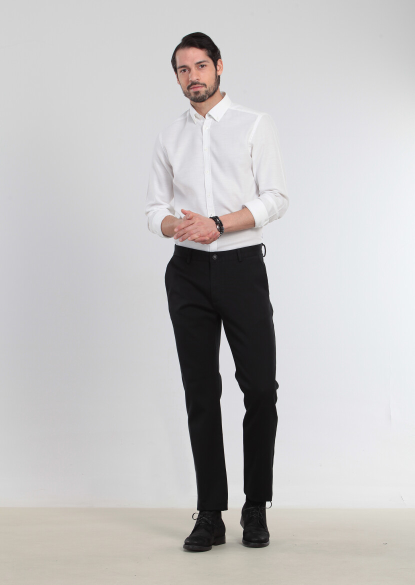 Siyah Düz Dokuma Regular Fit Casual %100 Pamuk Pantolon - 2