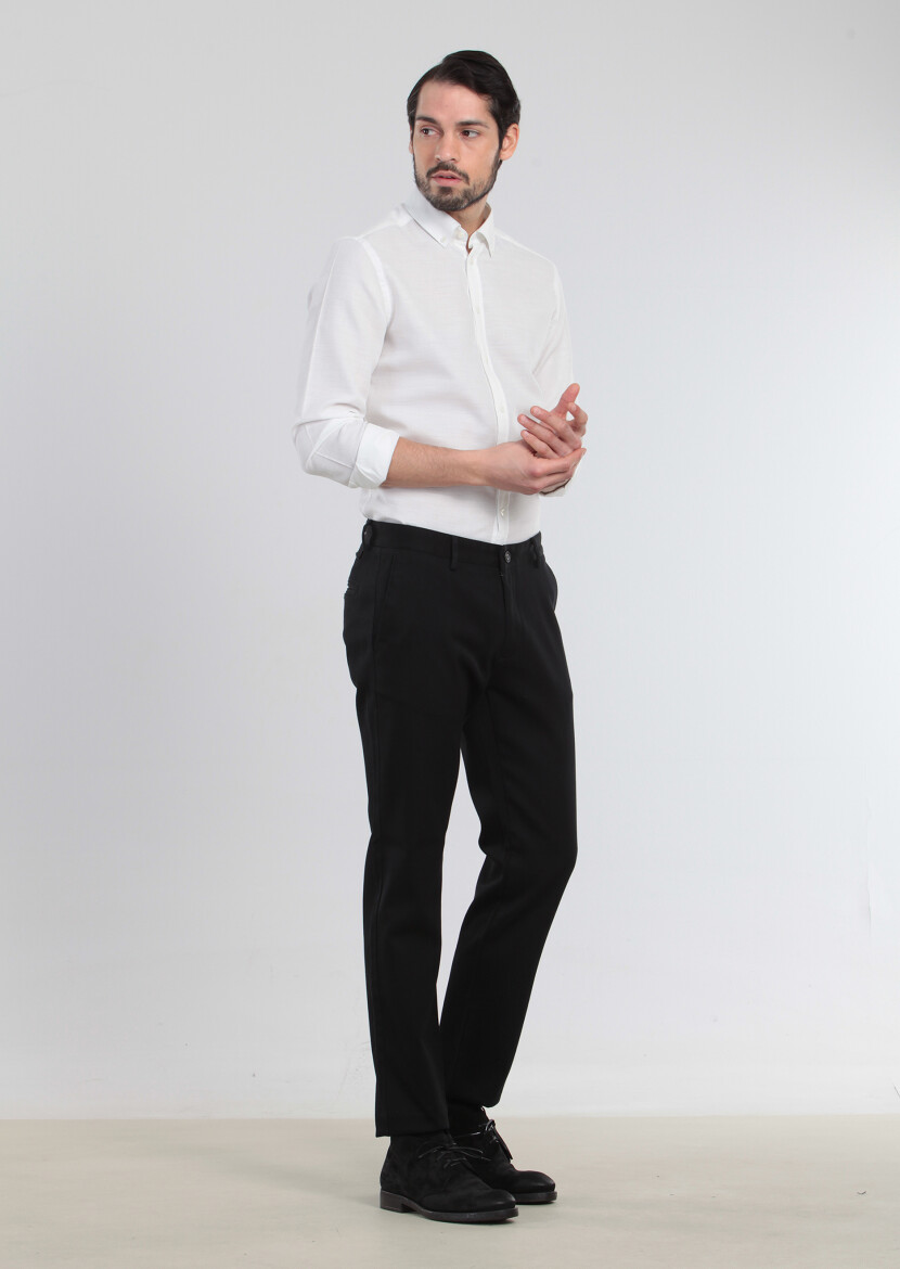 Siyah Düz Dokuma Regular Fit Casual %100 Pamuk Pantolon - 3