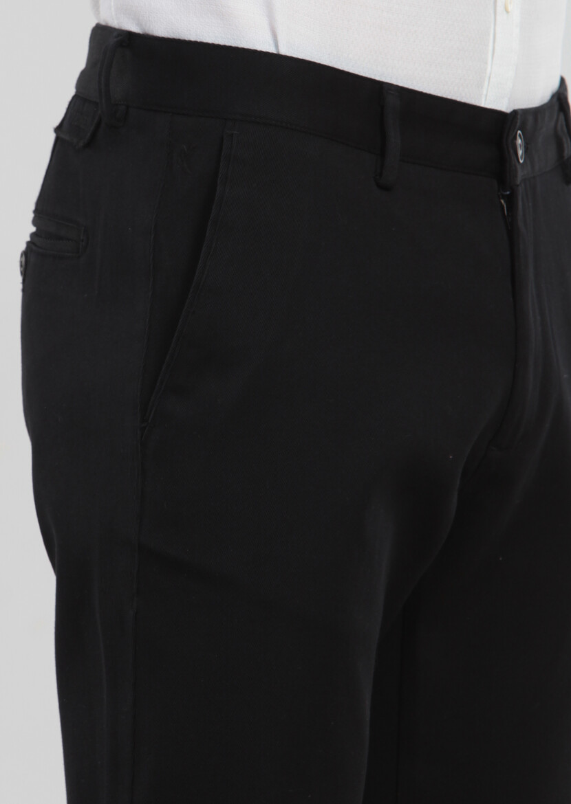 Siyah Düz Dokuma Regular Fit Casual %100 Pamuk Pantolon - 4