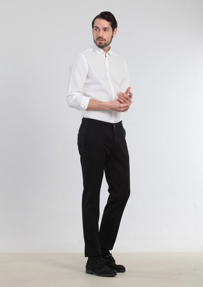 Siyah Düz Dokuma Regular Fit Casual %100 Pamuk Pantolon 