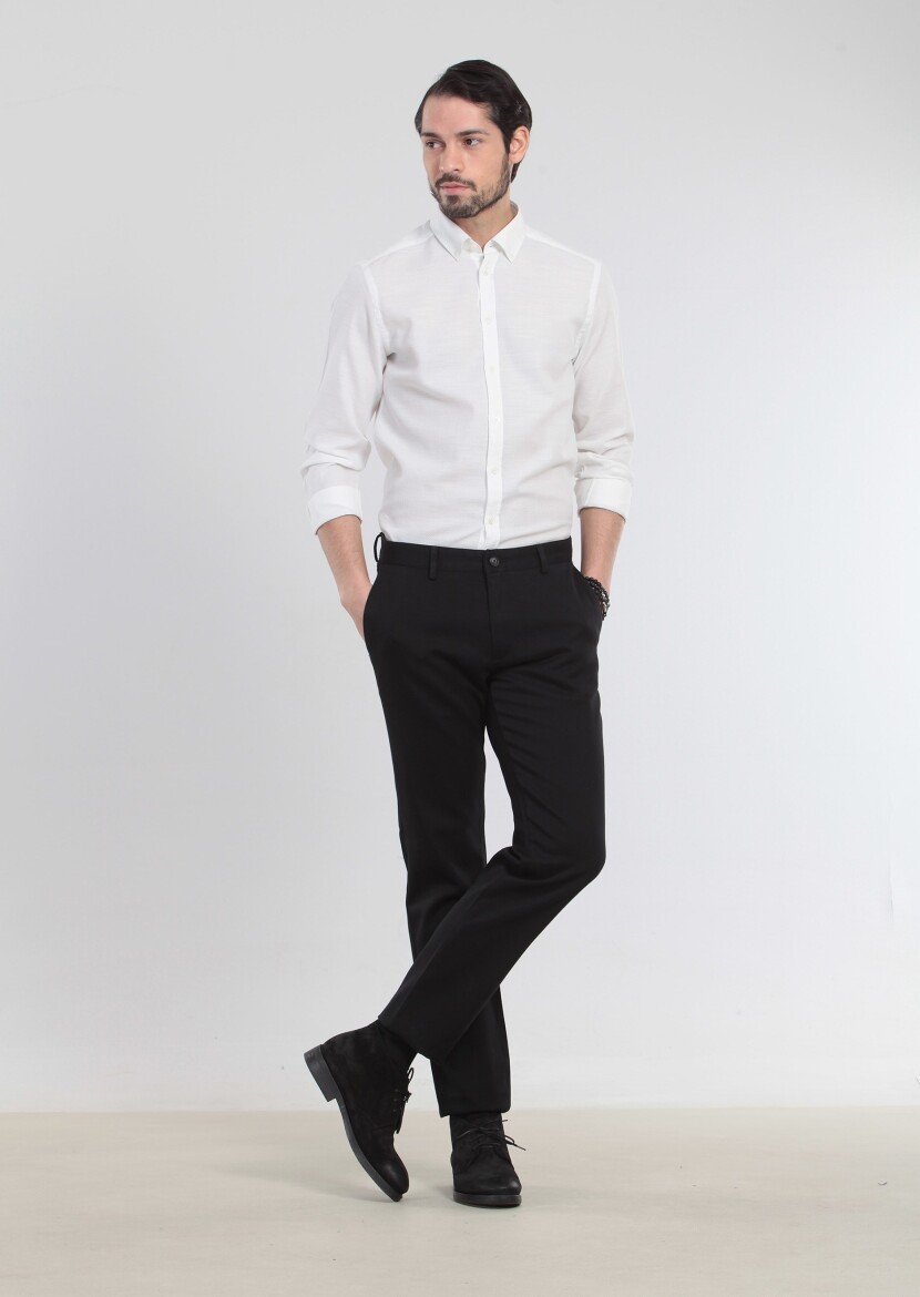 Siyah Düz Dokuma Regular Fit Casual %100 Pamuk Pantolon - 4