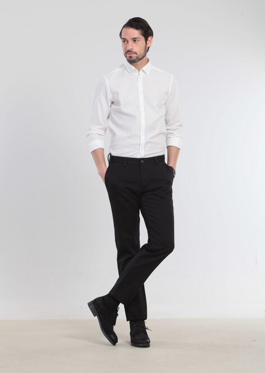Siyah Düz Dokuma Regular Fit Casual %100 Pamuk Pantolon - 4