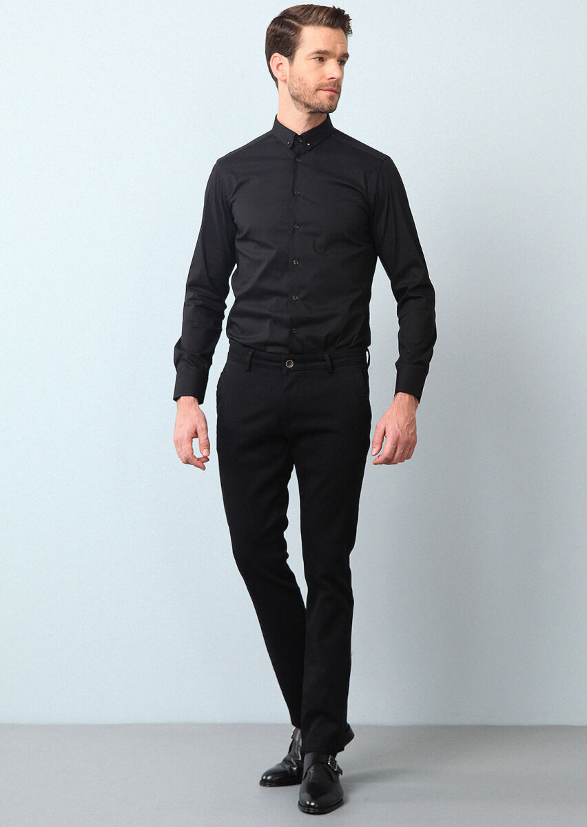 Siyah Düz Dokuma Regular Fit Casual %100 Pamuk Pantolon - 1