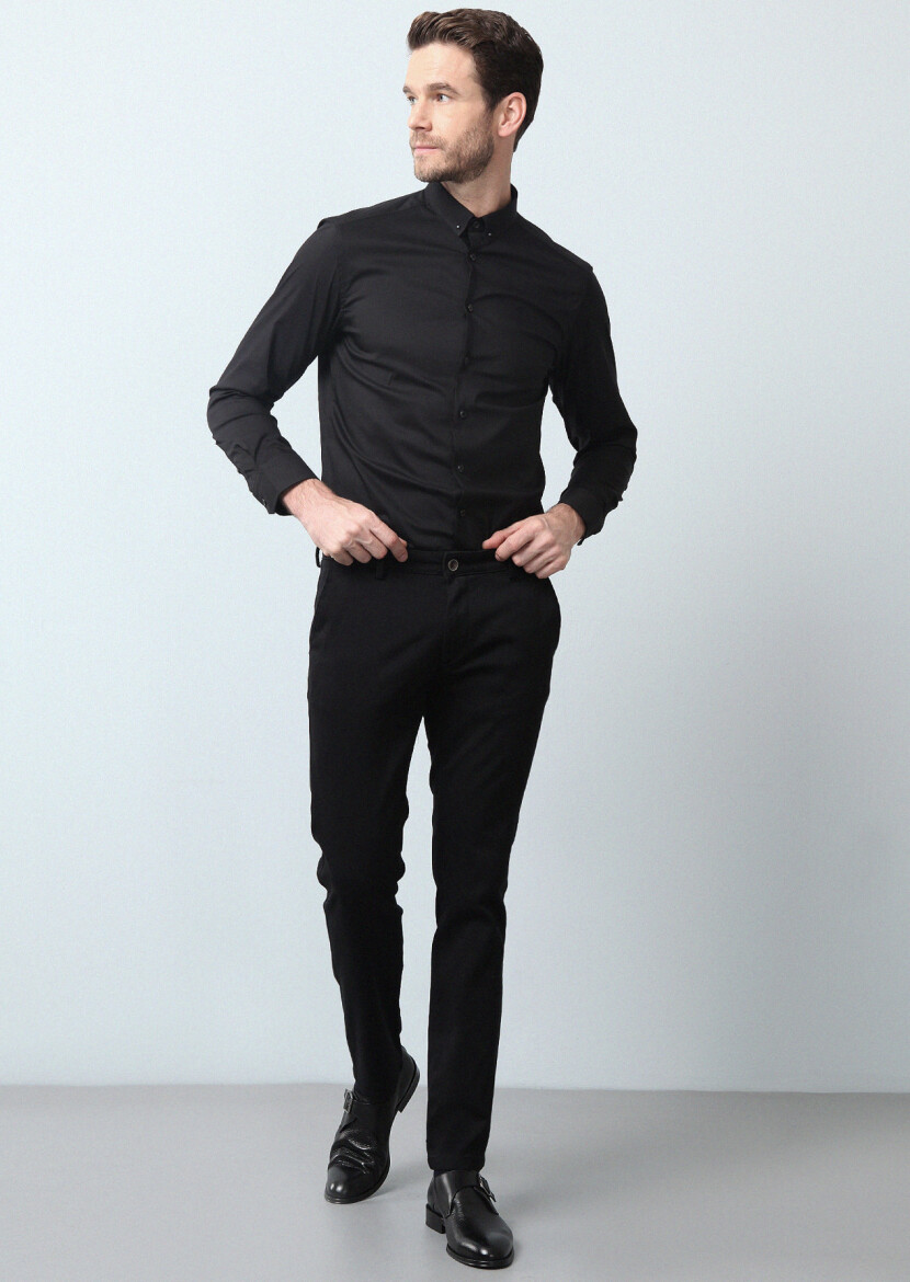 Siyah Düz Dokuma Regular Fit Casual %100 Pamuk Pantolon - 4