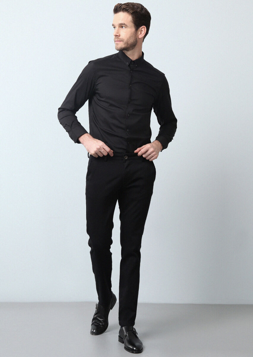 Siyah Düz Dokuma Regular Fit Casual %100 Pamuk Pantolon - 4