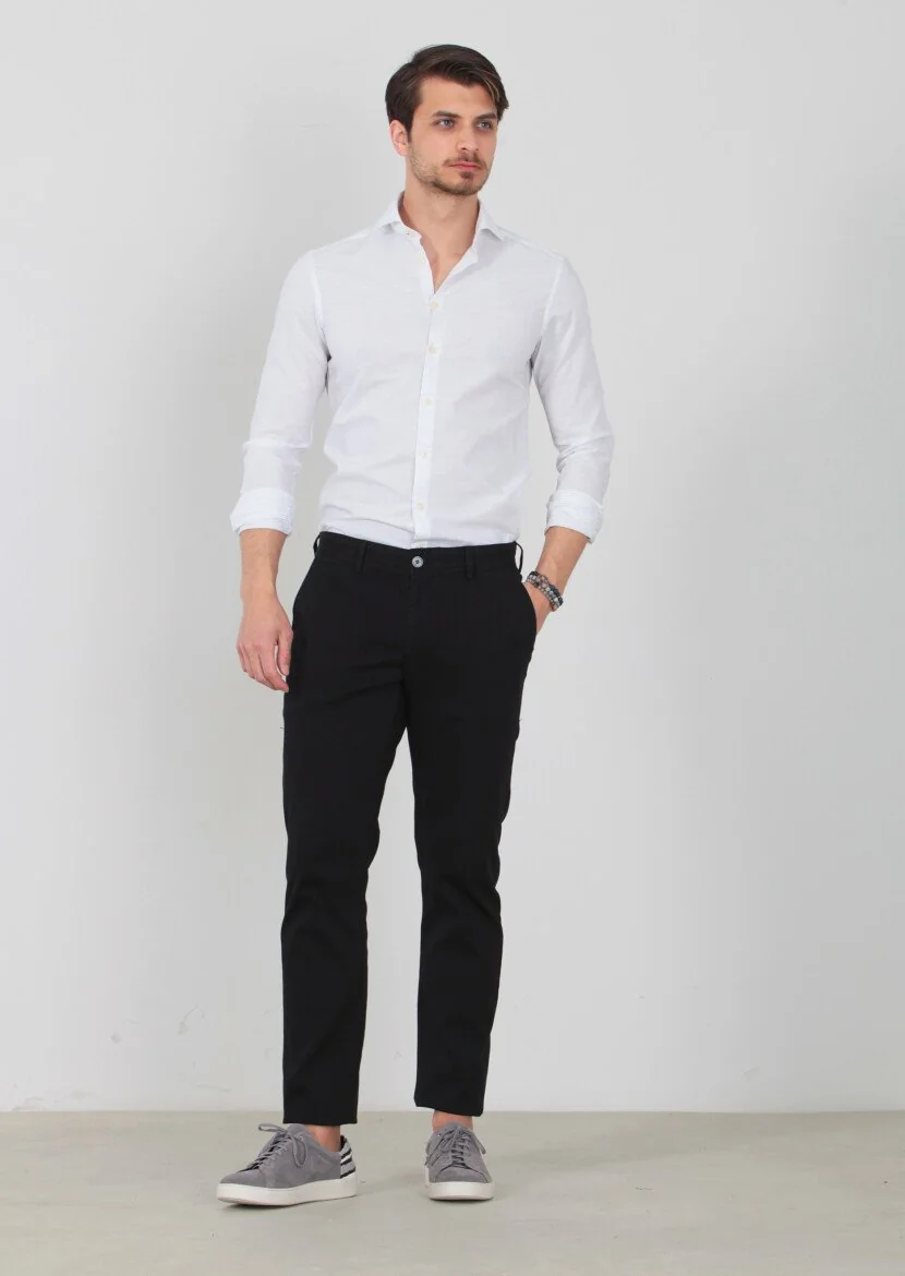 Siyah Düz Dokuma Regular Fit Casual Pamuk Karışımlı Pantolon 