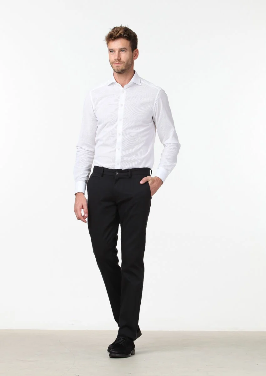 Siyah Düz Dokuma Regular Fit Casual Pamuk Karışımlı Pantolon - 1