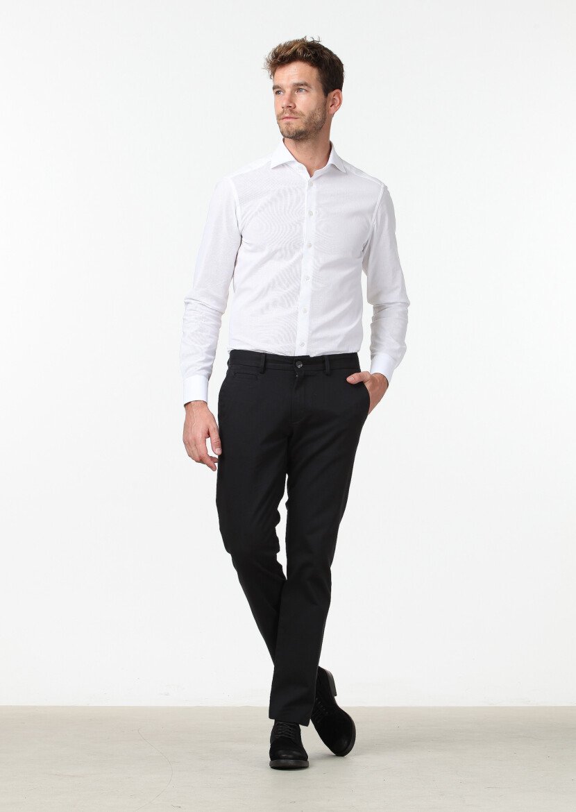 Siyah Düz Dokuma Regular Fit Casual Pamuk Karışımlı Pantolon 