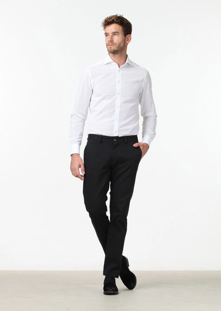 Siyah Düz Dokuma Regular Fit Casual Pamuk Karışımlı Pantolon - 2