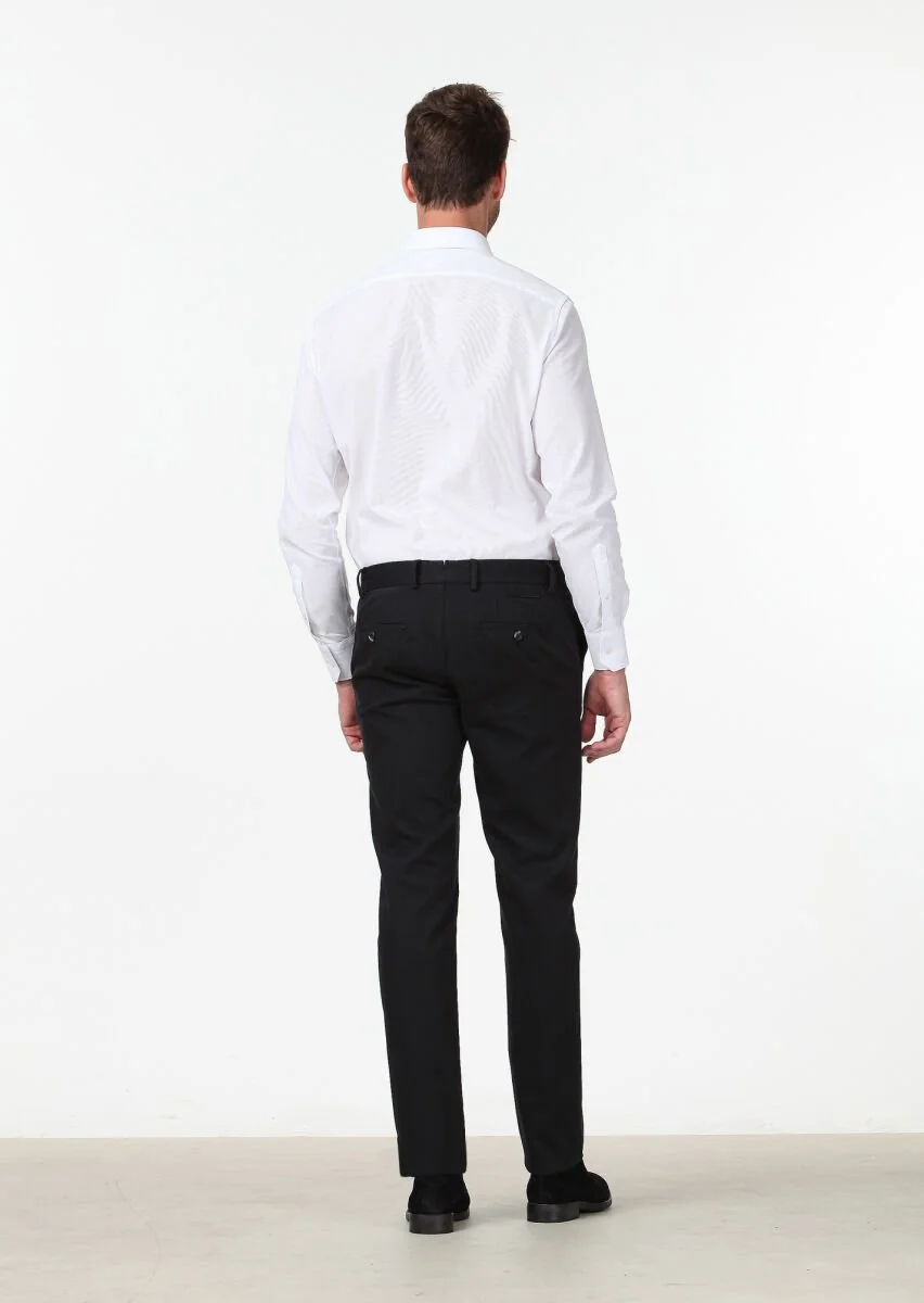 Siyah Düz Dokuma Regular Fit Casual Pamuk Karışımlı Pantolon - 4