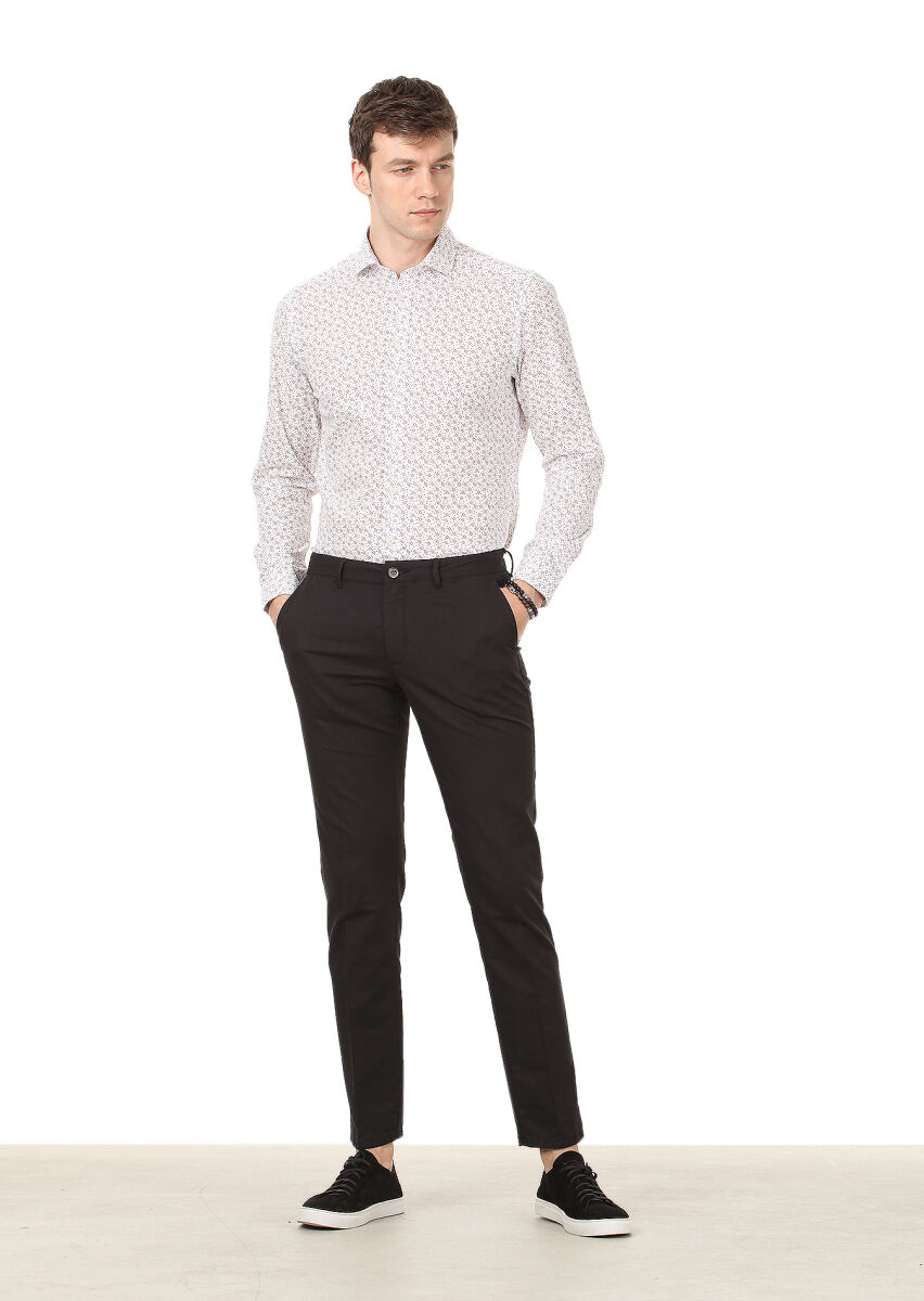 Siyah Düz Dokuma Regular Fit Casual Pamuk Karışımlı Pantolon - 1