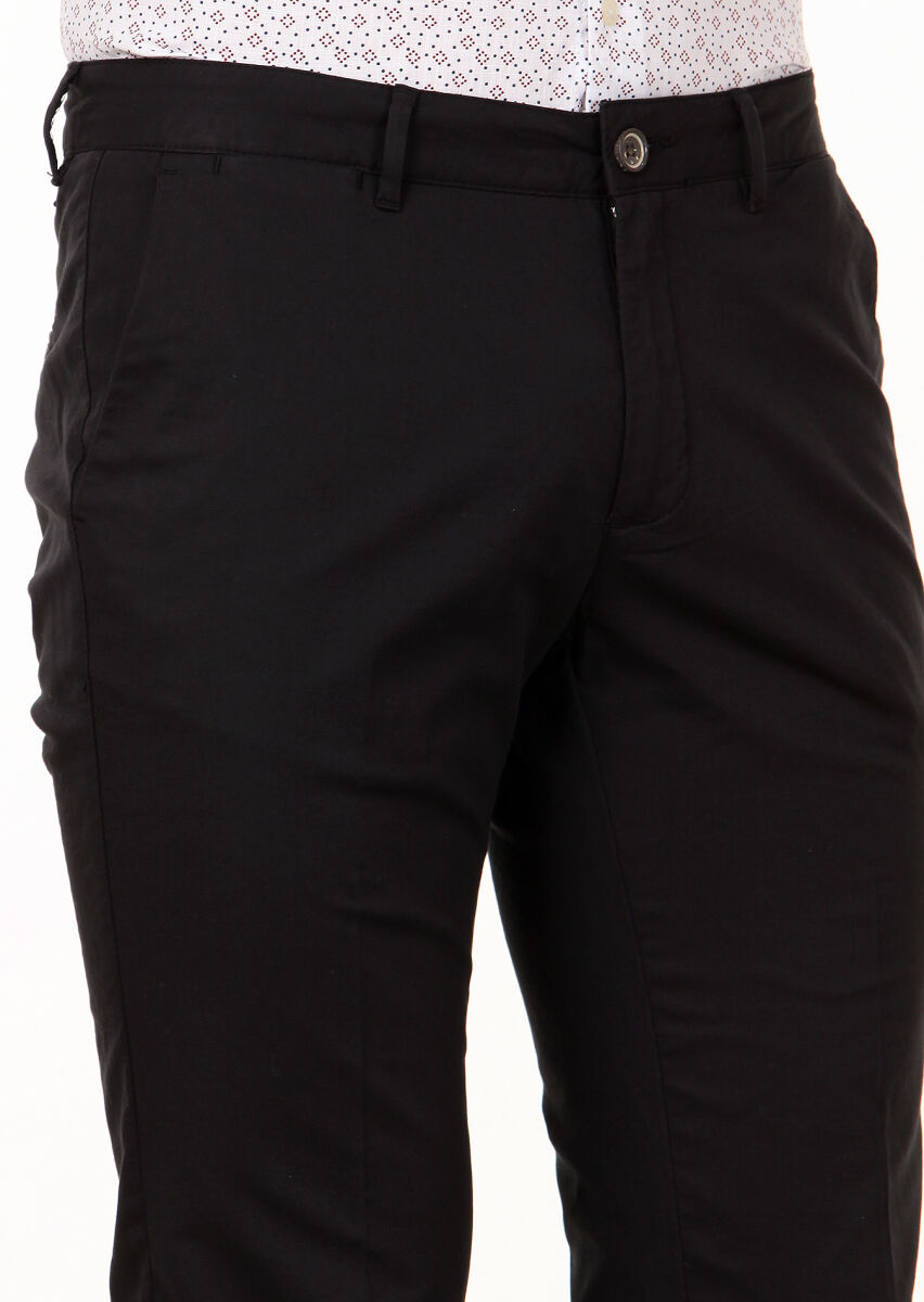 Siyah Düz Dokuma Regular Fit Casual Pamuk Karışımlı Pantolon - 3