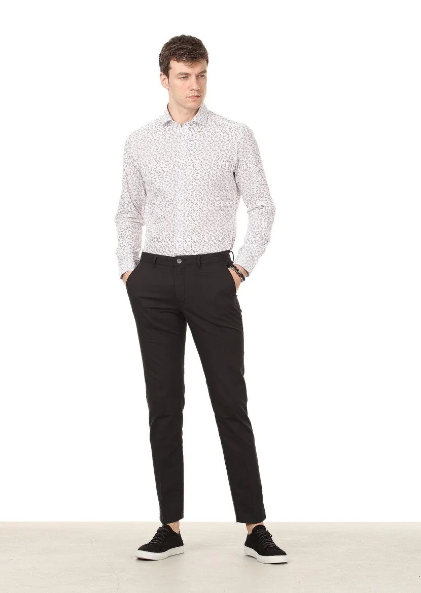 Siyah Düz Dokuma Regular Fit Casual Pamuk Karışımlı Pantolon - 1