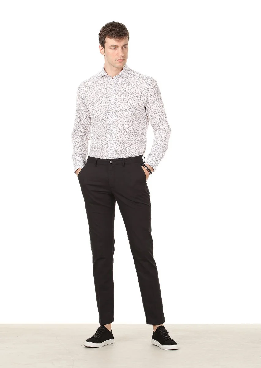 Siyah Düz Dokuma Regular Fit Casual Pamuk Karışımlı Pantolon - 1