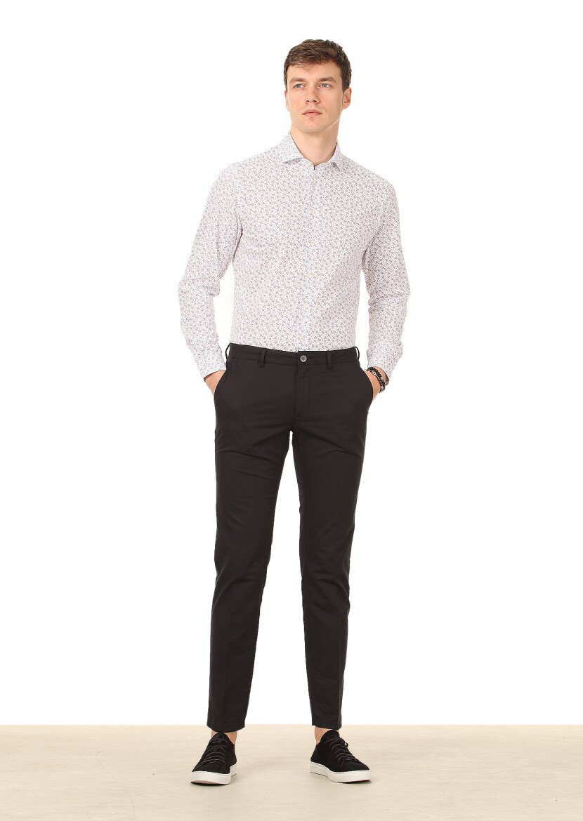 Siyah Düz Dokuma Regular Fit Casual Pamuk Karışımlı Pantolon 