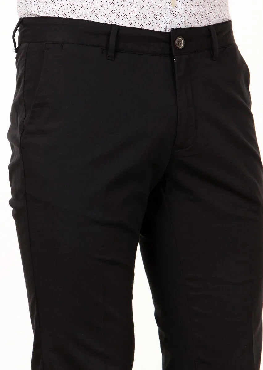 Siyah Düz Dokuma Regular Fit Casual Pamuk Karışımlı Pantolon - 3