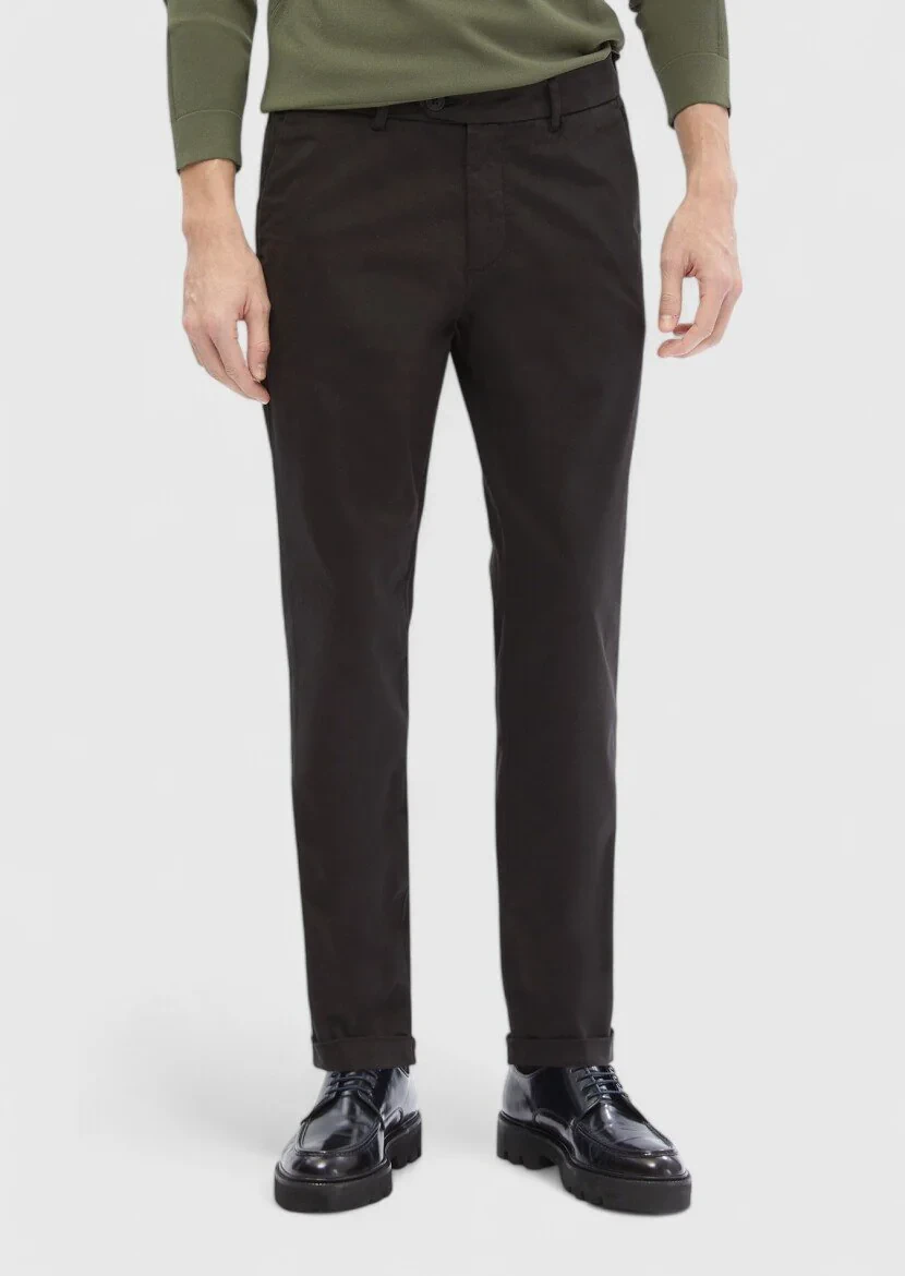 Siyah Düz Dokuma Regular Fit Casual Pamuk Karışımlı Pantolon 