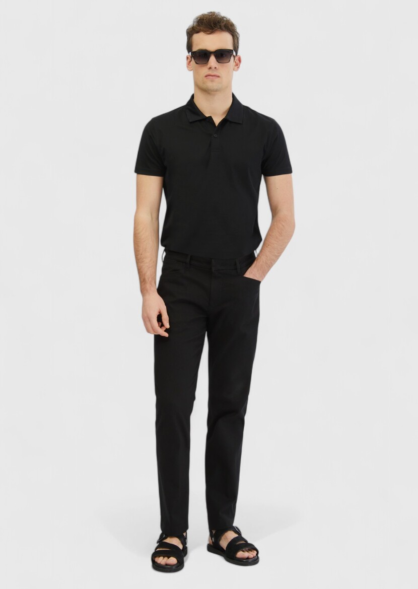 Siyah Düz Dokuma Regular Fit Casual Pamuk Karışımlı Pantolon - 1