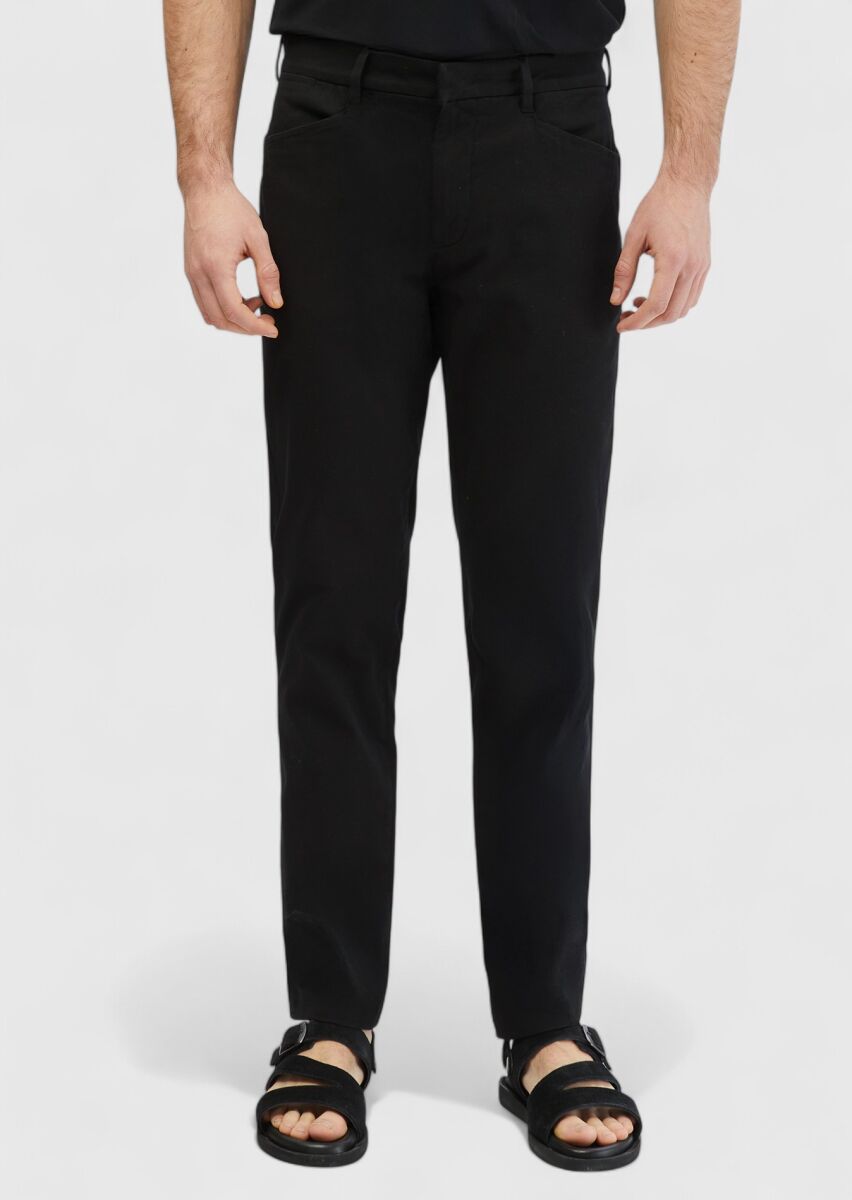 Siyah Düz Dokuma Regular Fit Casual Pamuk Karışımlı Pantolon - 3