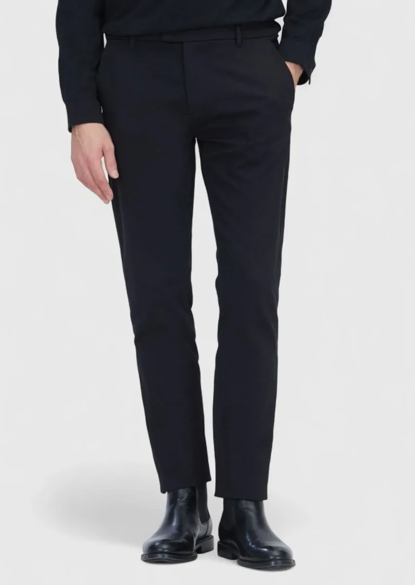 Siyah Düz Dokuma Regular Fit Casual Pamuk Karışımlı Pantolon - 2