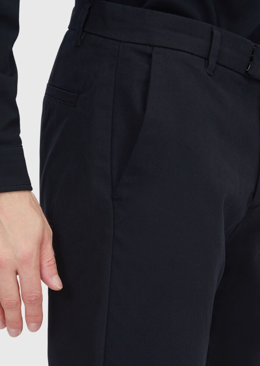 Siyah Düz Dokuma Regular Fit Casual Pamuk Karışımlı Pantolon - 4
