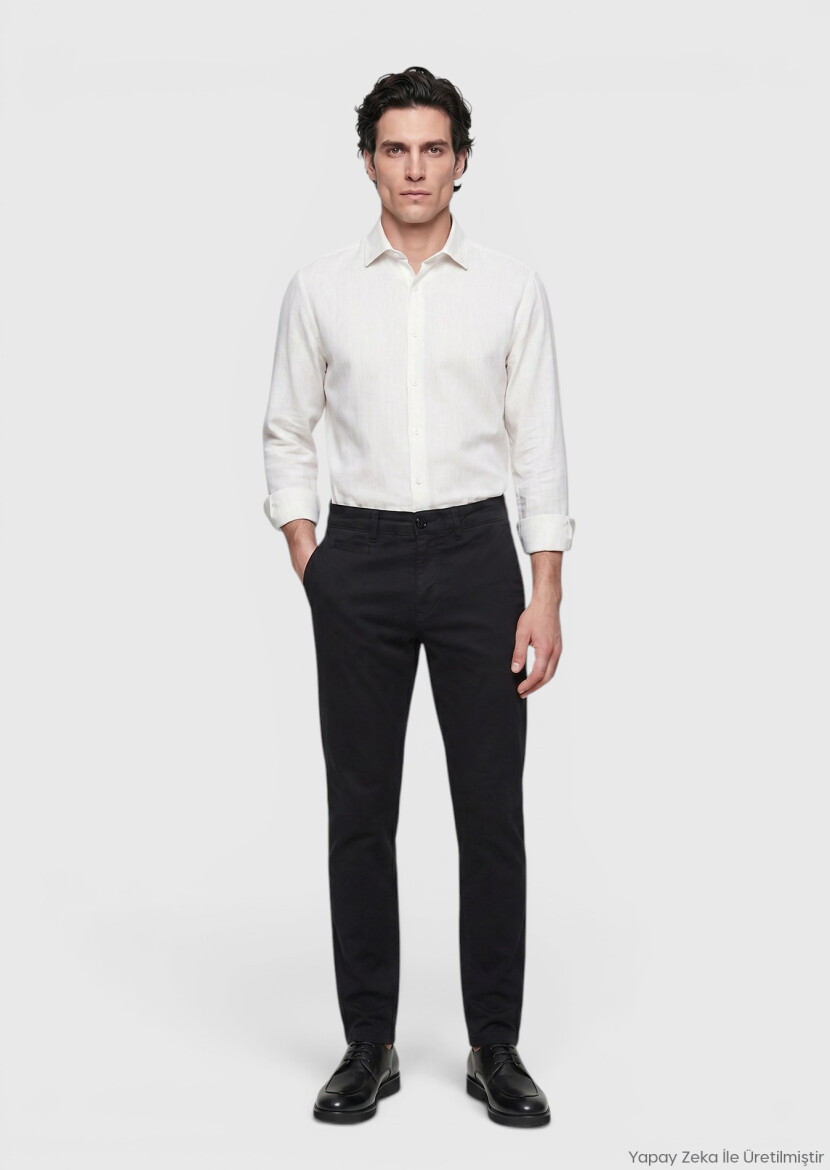 Siyah Düz Dokuma Regular Fit Casual Pamuk Karışımlı Pantolon 