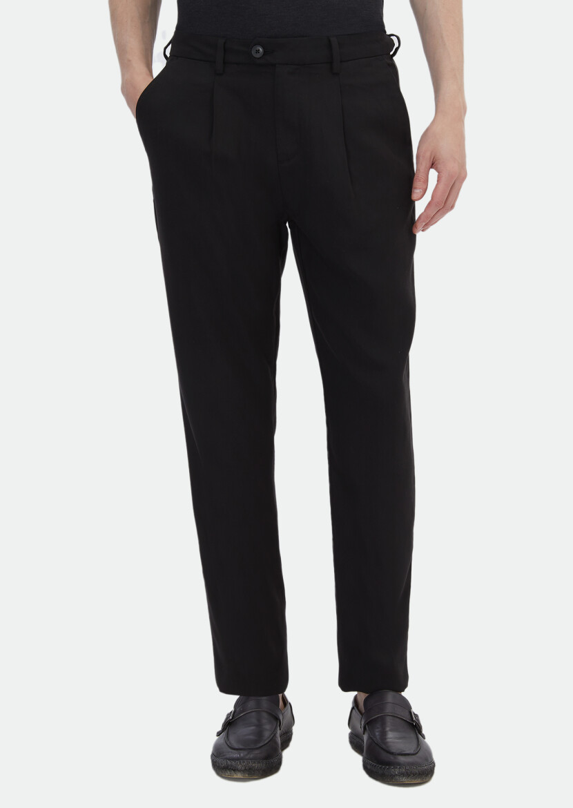 Siyah Düz Dokuma Regular Fit Casual Pantolon 