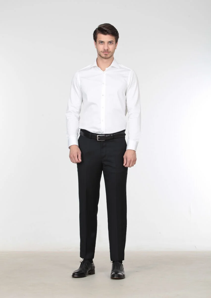 Siyah Düz Dokuma Regular Fit Klasik %100 Yün Pantolon - 2