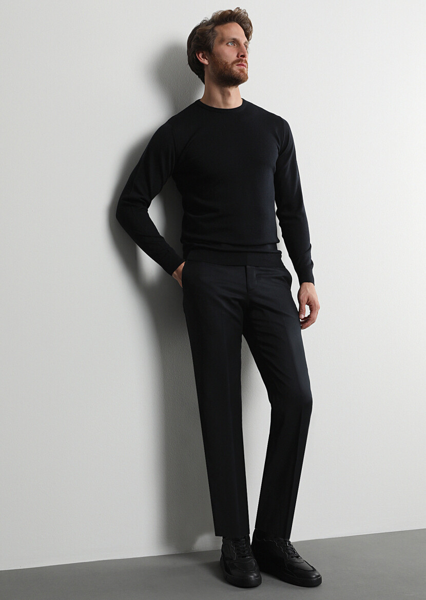 Siyah Düz Dokuma Regular Fit Klasik %100 Yün Pantolon - 1