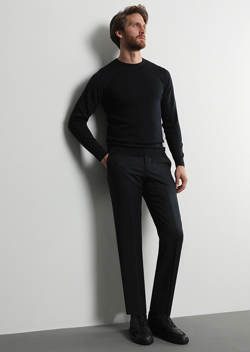 Siyah Düz Dokuma Regular Fit Klasik %100 Yün Pantolon - 1
