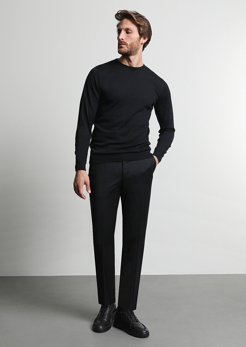 Siyah Düz Dokuma Regular Fit Klasik %100 Yün Pantolon 