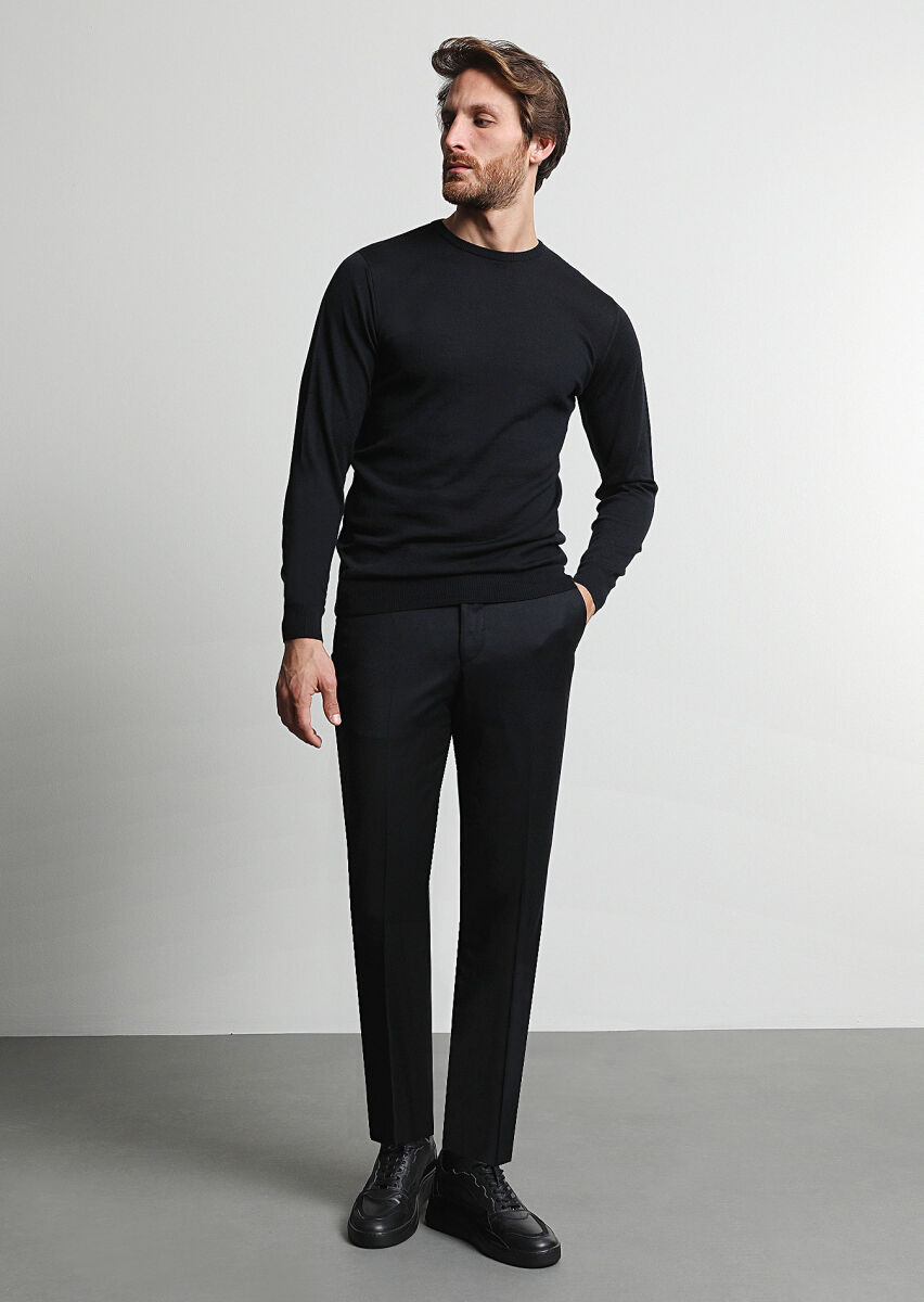 Siyah Düz Dokuma Regular Fit Klasik %100 Yün Pantolon - 2