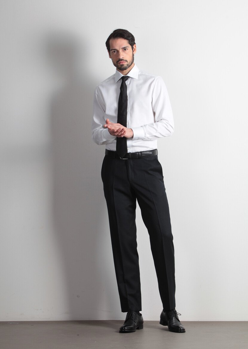 Siyah Düz Dokuma Regular Fit Klasik %100 Yün Pantolon 
