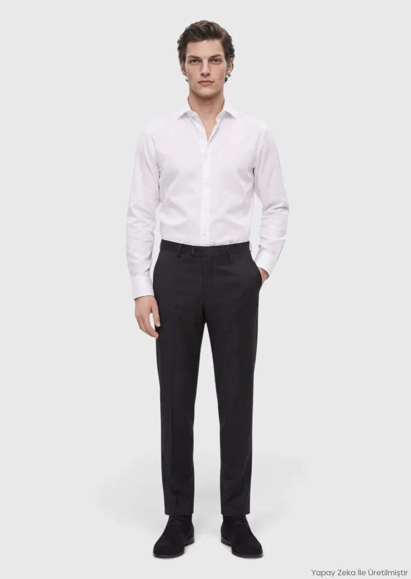 Siyah Düz Dokuma Regular Fit Klasik Yün Karışımlı Pantolon 