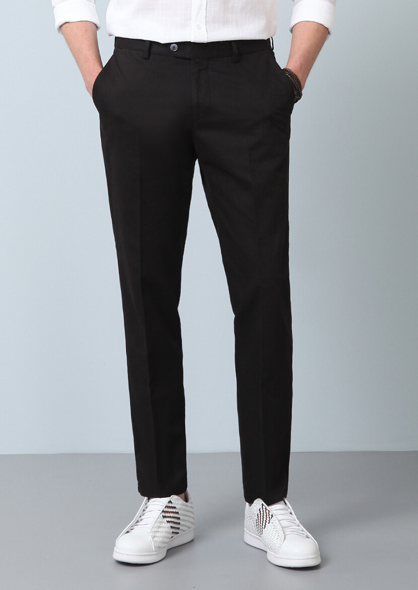 Siyah Düz Dokuma Regular Fit Smart Casual Pamuk Karışımlı Pantolon 