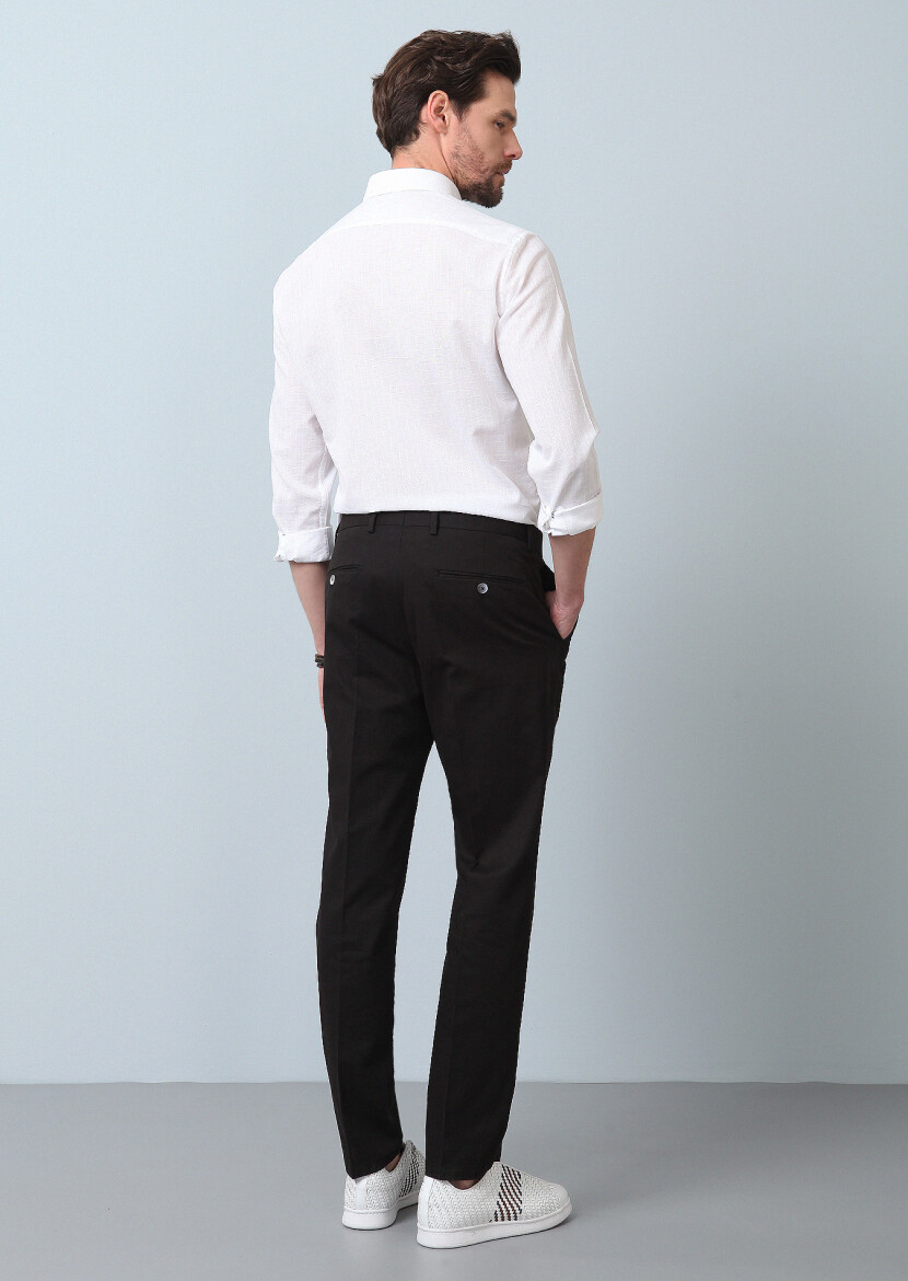 Siyah Düz Dokuma Regular Fit Smart Casual Pamuk Karışımlı Pantolon - 4